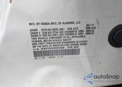 2017 Honda Pilot Ex-L from USA, damaged, VIN 5FNYF5H53HB018469
